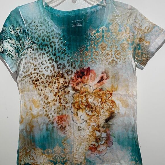 Christopher & Banks Women's Teal Gold Embellished Short Sleeve T-Shirt Small - Picture 1 of 7